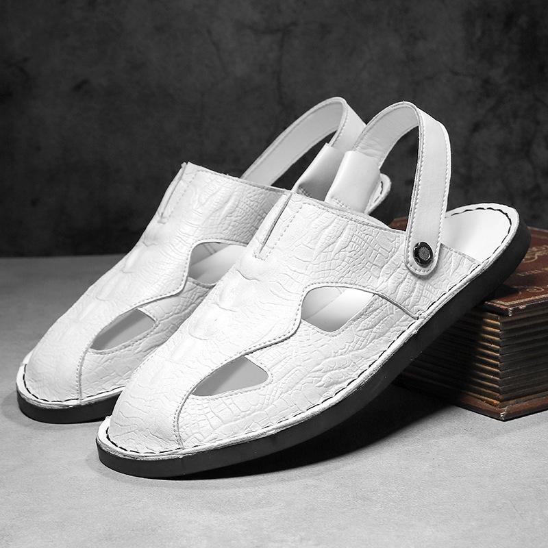 Men s Plus Size High-End Leather Sandals: Crocodile Pattern Soft Sole Slippers for Summer 48
