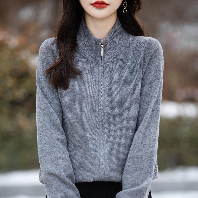 Autumn And Winter New 100 Wool Cardigan Women'S Semi-Turtleneck Zipper Sweater Jacket Wool Knitted Bottoming Shirt Top