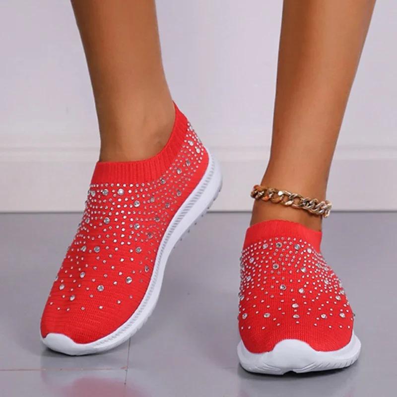 Fashion New Shining Crystal Flats Women Spring Breathable Knit Platform Sneakers Woman Comfortable Soft Bottom Non-slip Sports Shoes
