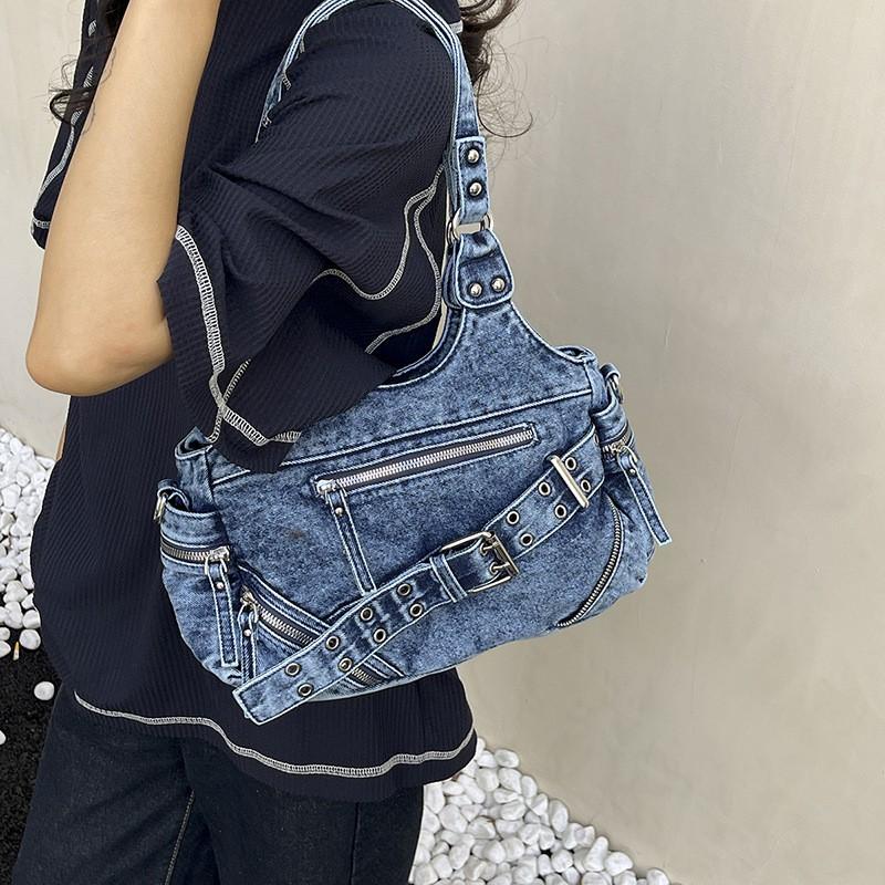 Vintage Washed Denim Crossbody Bag Women Streetwear Chic Shoulder With Rivets Large Capacity Adjustable Strap