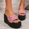 Autumn New Large Size Wedge Slippers Plum Blossom Denim Wedge Heel One-character with Slippers Women
