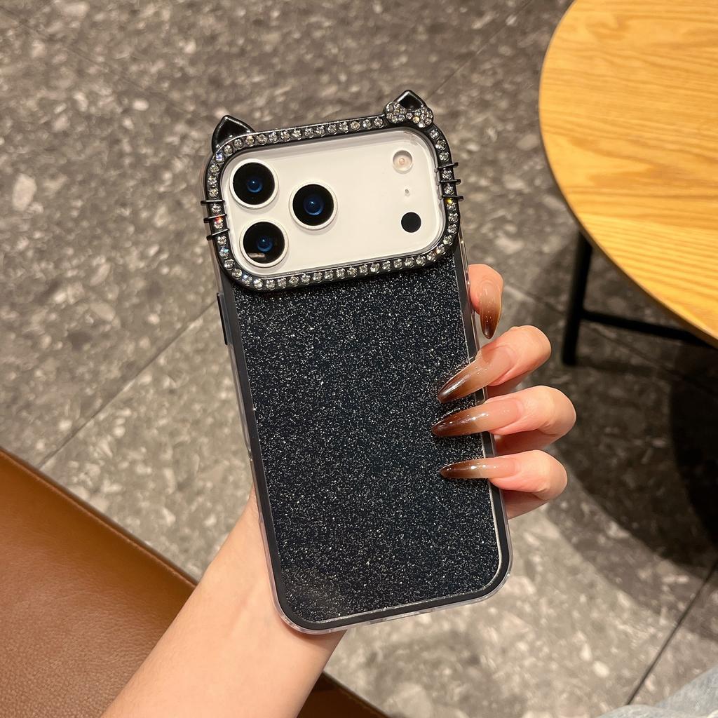 Luxury Cat Ears Diamond Set Glitter 2 IN 1 Phone Case For iPhone 11 12 13 14 15 17 Pro Max 16 Plus Soft Bumper Back Cover