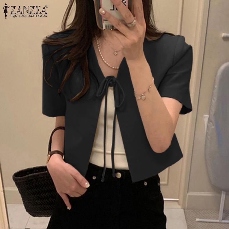 ZANZEA Women Casual V-Neck Short Sleeve Lace Up Cardigan Blouse
