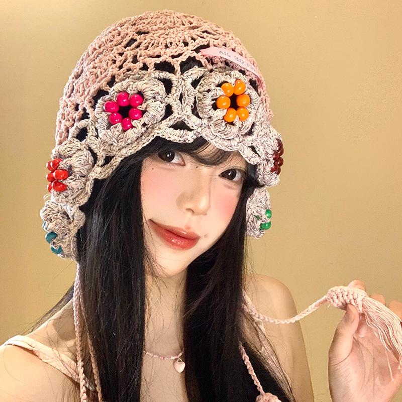 Handmade crochet flower fringe hollow hat female face small knitted bag hat