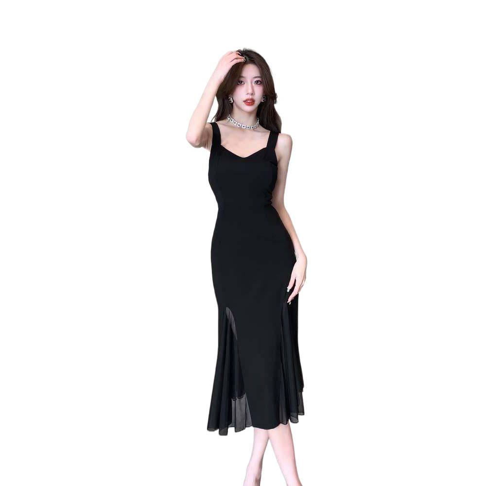 French Retro Black Mesh Splicing Backless Slimming Socialite Dress