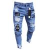 Bărbați, elastici, rupti, skinny, motociclist, cu broderie, blugi cu imprimeu, orificiu distrus, cu bandă, blugi zgâriat