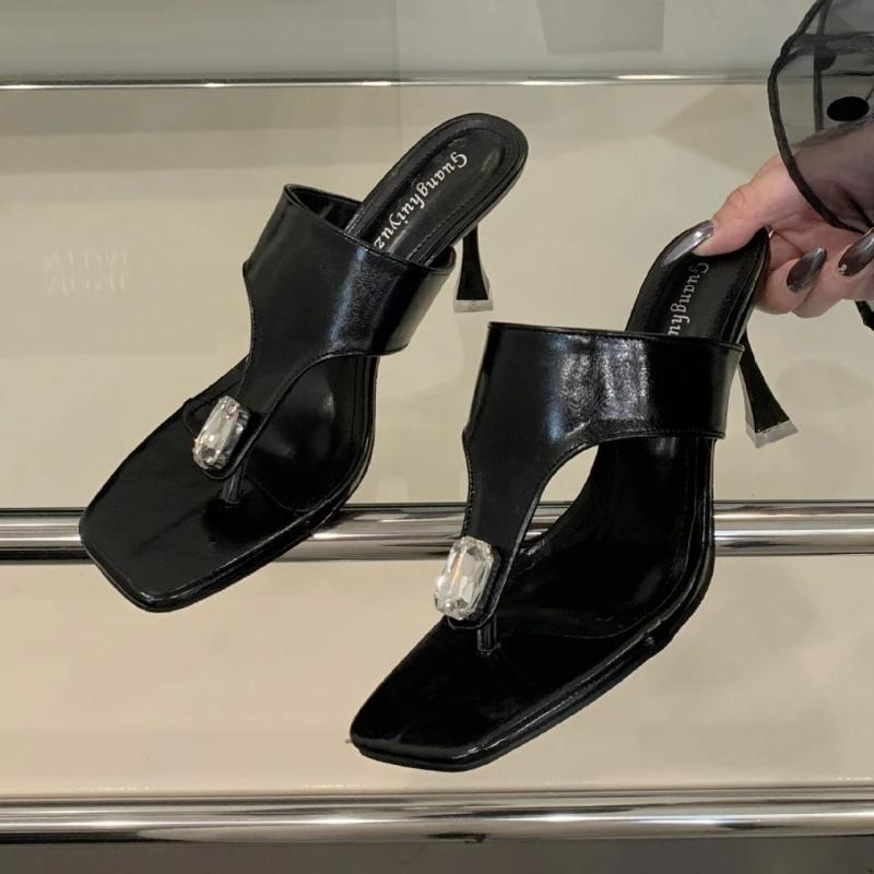 Fashion Elegant Rhinestone Decorated High-heeled Slippers Women Summer Sexy Clip-toe Slide Sandals Fashion Comfortable Beach Sandals