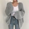 Early Autumn Korean Style V-Neck Knit Cardigan with Lantern Sleeves – Loose, Casual, Solid Color.
