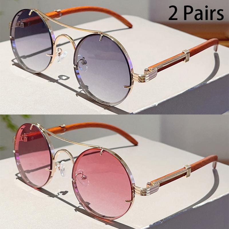 2 Pairs Vintage Round Sunglasses Men New Fashion Gradient Multicolor Casual Shades Women Luxury Design Double Bridge Sun Glasses