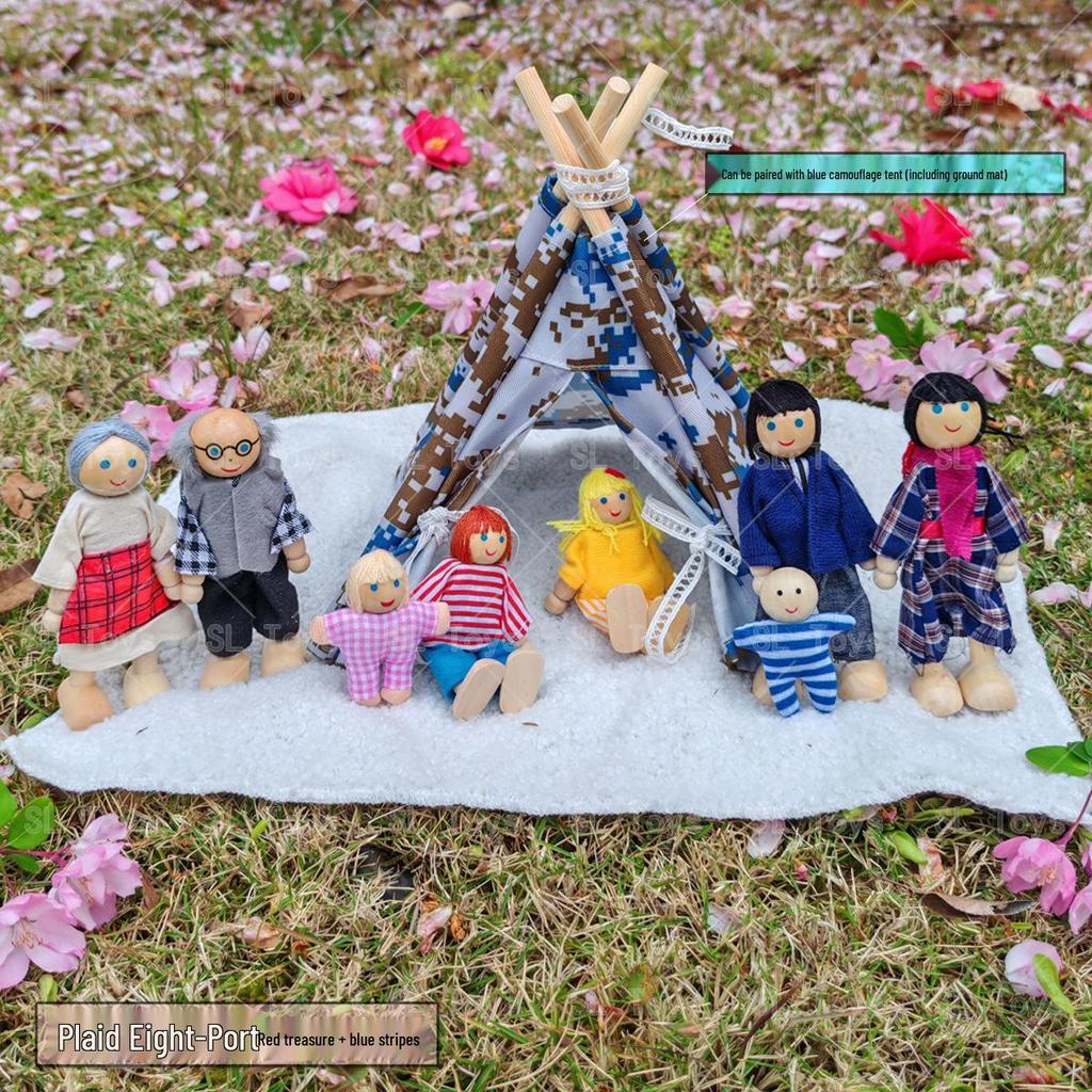 Plaid Handmade Fabric & Wood Grid Doll Figurines – Cute Mini Ornaments for Playhouse Decor