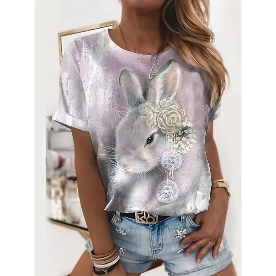 Rabbit Print Women's Top Crew Neck Short Sleeve Comfortable T-Shirts Women’s