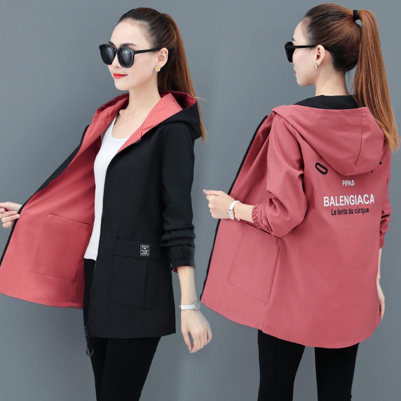 Two-sided Windbreaker Jacket Women's Mid-length Spring and Autumn Loose Large Size Hooded Spring Top Trend