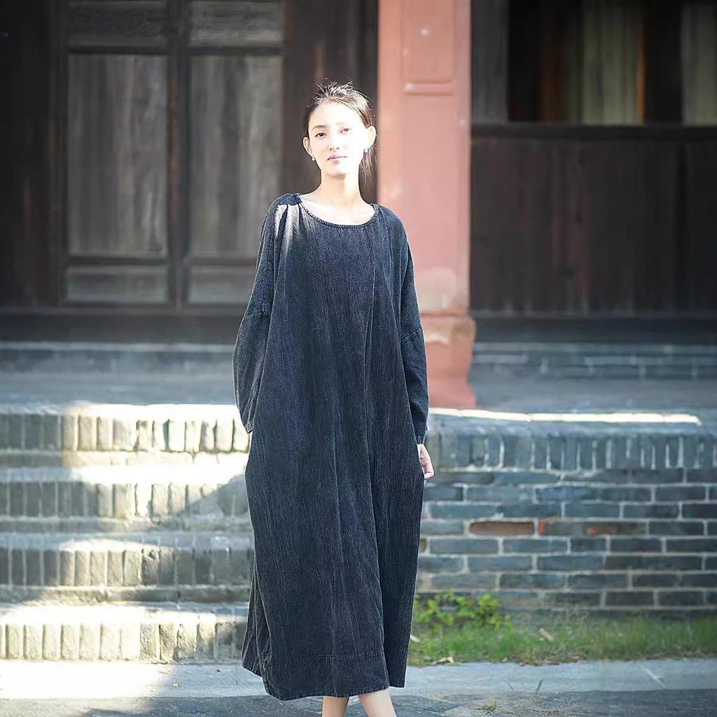 Johnature Woman Autumn Vintage Chinese Style Loose Dress Solid Color O-Neck Retro Casual Dress