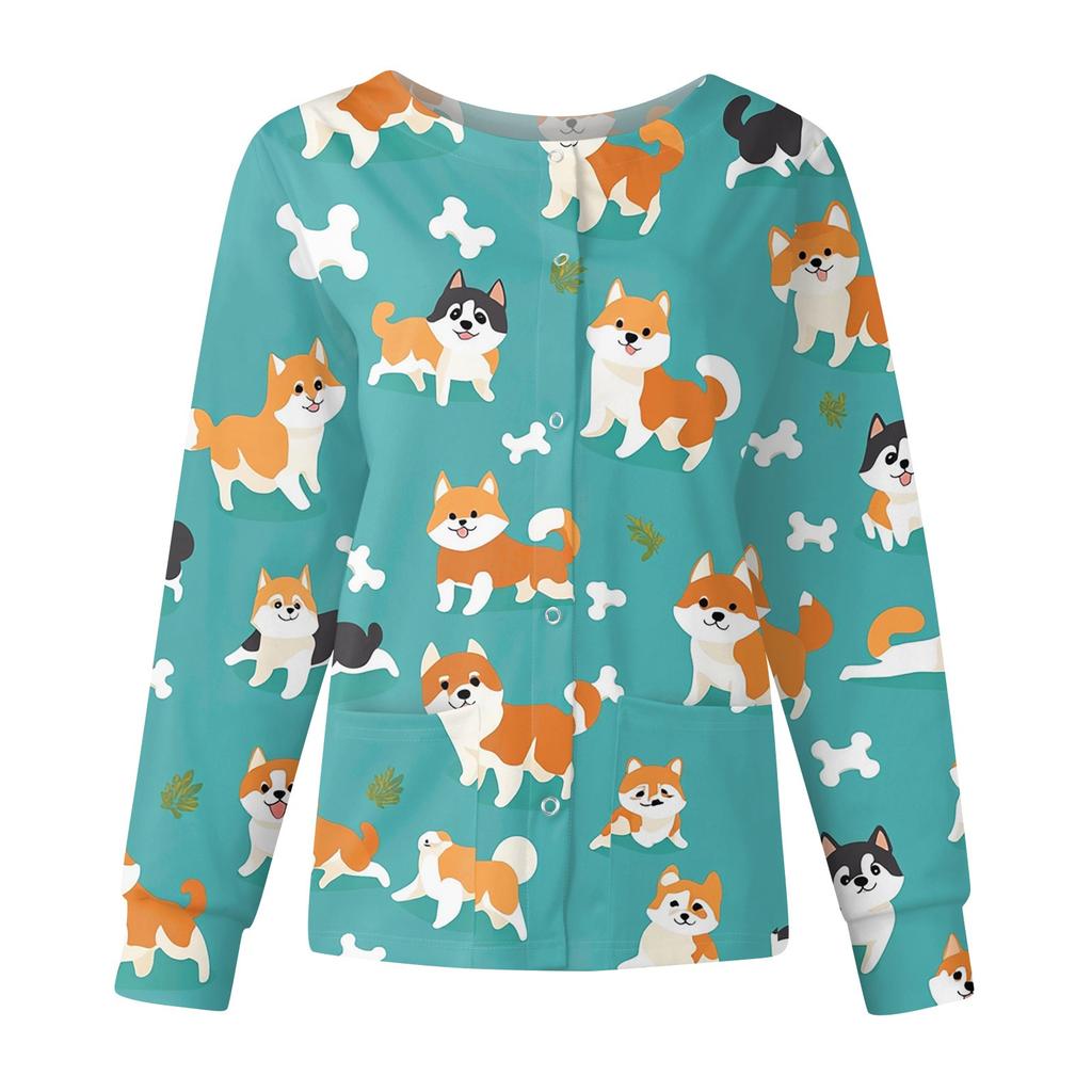 Damen Casual Mode Langarm Stehkragen Einreiher Niedlich Tierisch Bedruckt Arbeitsjacke Oberteile