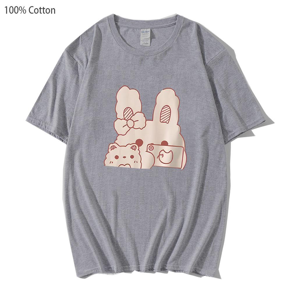 Rabbit T-Shirts Kawaii Cute Anime Tshirt Men Women Casual Harajuku 100%Cotton Summer Clothes White T Shirt Girls Top