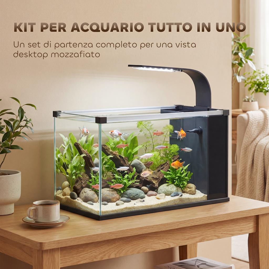 24L Tempered Glass Home Aquarium with Integrated Filter and LED Light, 45x25x25.5 cm, Black