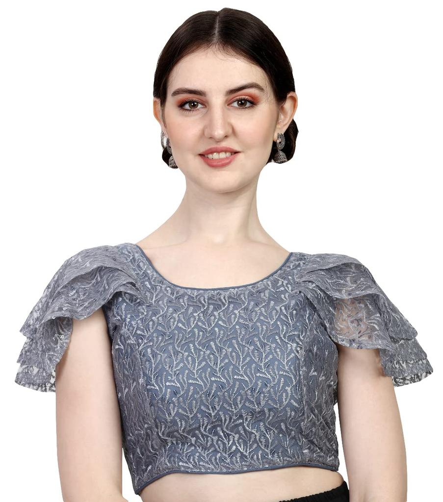 Pujia Mills Women's Shifly Net Work Ruffle Sleeves Readymade Saree Blouse (sipli Blouse_Grey_38)