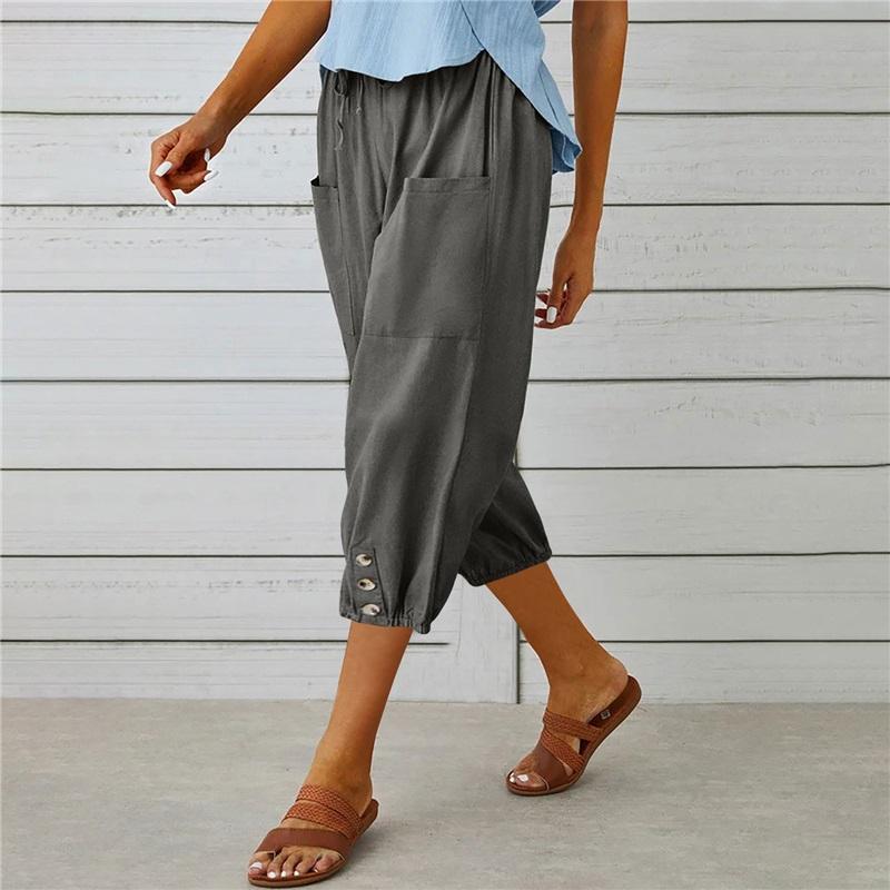 Summer Women's Trousers Casual Three-quarter Loose Drawstring High Waist Button Cotton And Linen Trousers