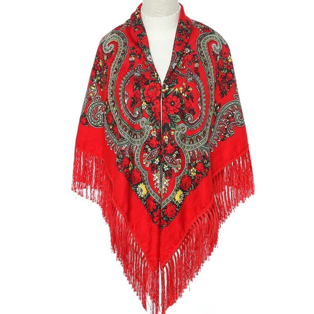 Polyester Russian Square Scarf Tassel Trim Floral Print Scarf Tassel Shawls Outdoor Activities
