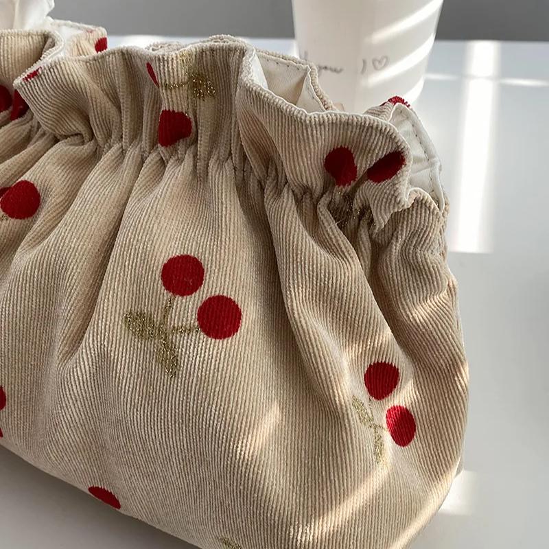 New Large Capacity Dinner Bag for Girls, Hand In Hand for Travel, Corduroy Makeup Bag, Cherry Storage Bag