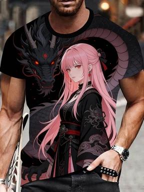 A 3D Printed T-shirt Featuring Anime Dragons and Women, Casual Round Neck and Short Sleeves for Men, Suitable for All Seasons, Regular Fit