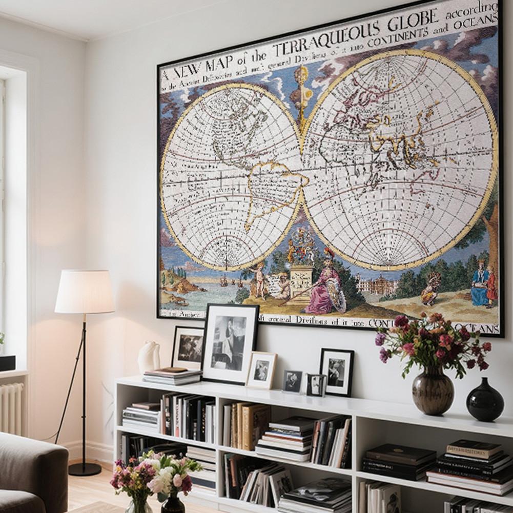 Vintage 1700 World Map Poster Retro Terraqueous Globe Canvas Print Antique Map Wall Art for Living Room Office Home Decor Unframed