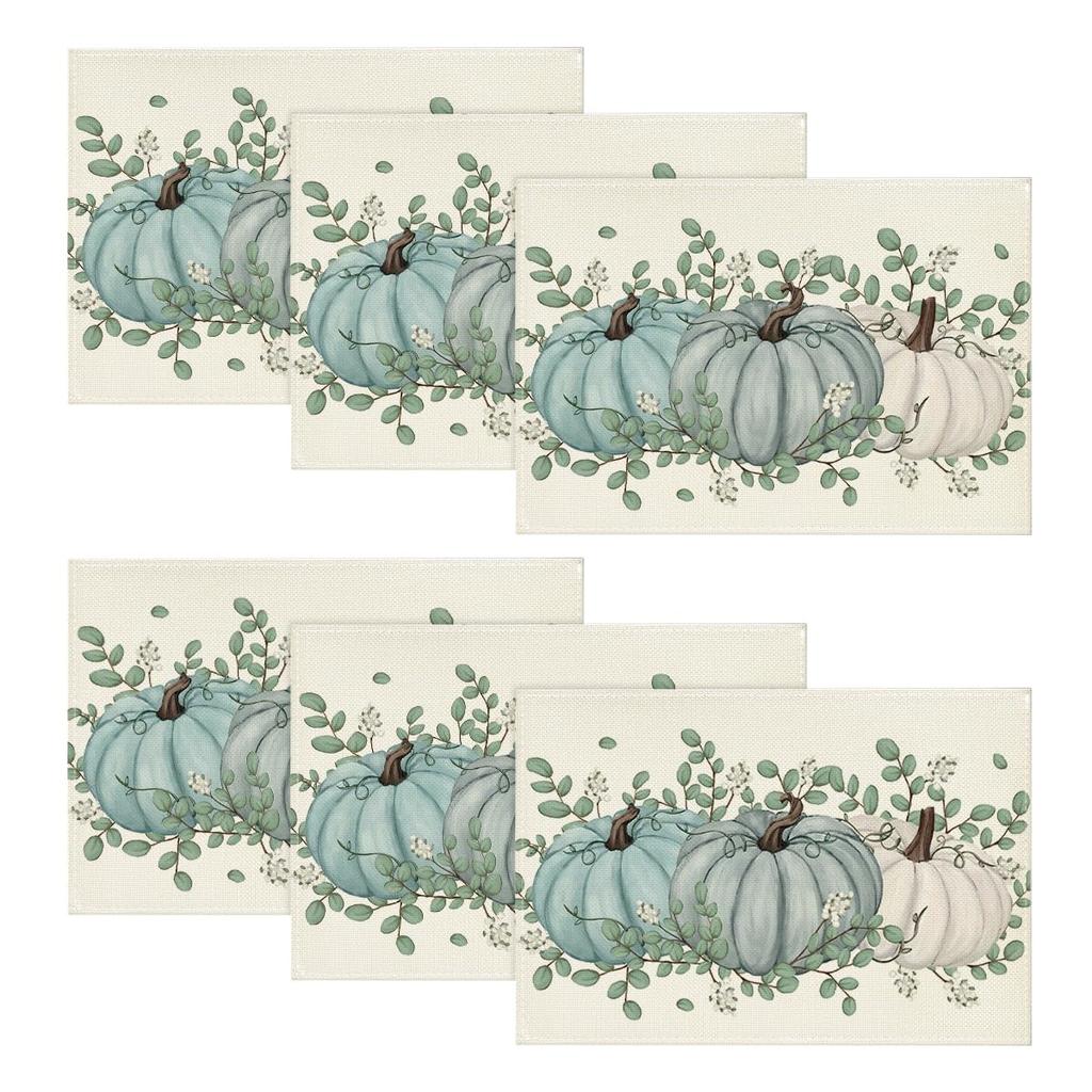Pumpkins Eucalyptus Leaves Fall Placemats Set of 4, 12x18 Inch Autumn Thanksgiving Holiday Table Mats for Party Kitchen Dining Decoration
