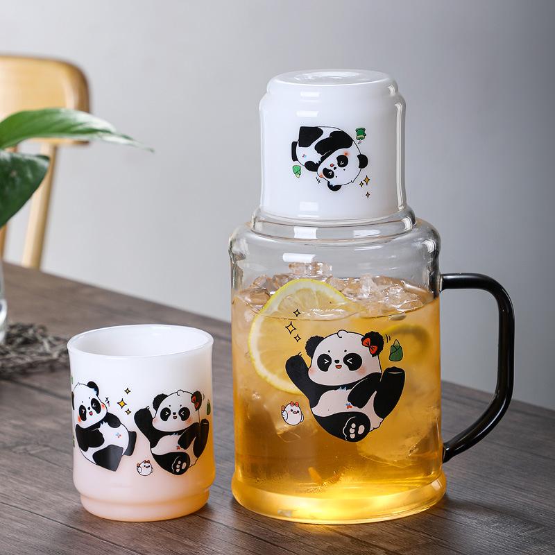 Домашний стеклянный набор для холодных напитков Набор ретро-чайников Панда Домашний набор для холодных напитков, устойчивый к высоким температурам 1000ml