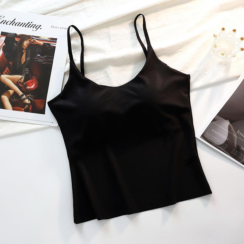 

Seamless Camisole Vest Ice Silk Underwear Integrated Fixed Cup Gathered Without Steel Ring Thin Base Top S чёрный