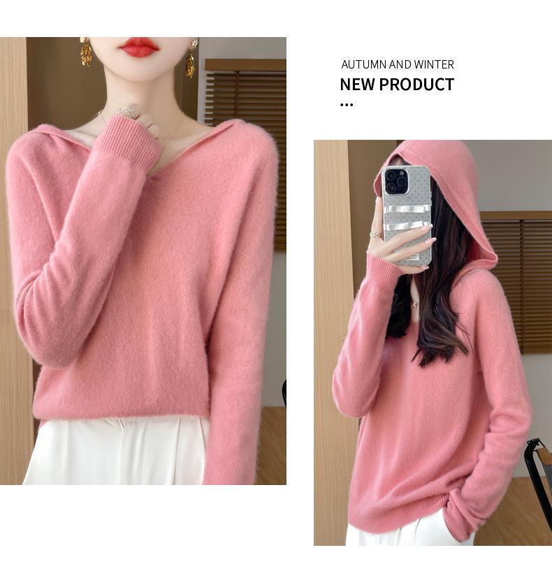 Women's 100% Wool Hooded Sweater: Autumn/Winter Knit, Loose, Soft, Trendy.