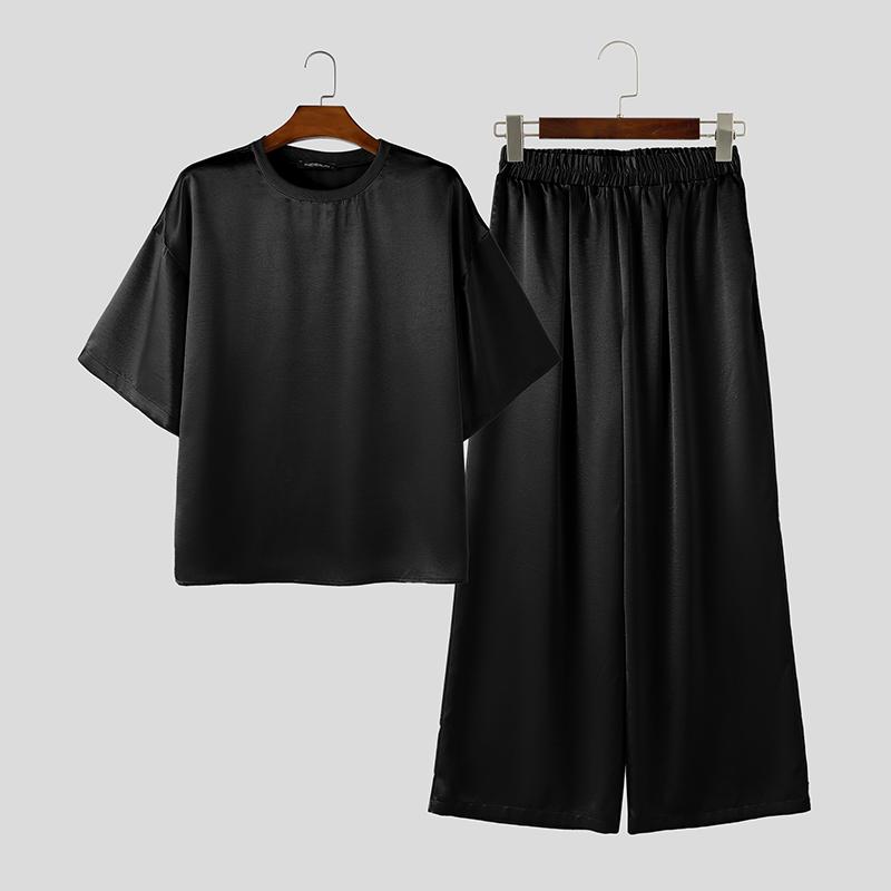 INCERUN Men's Two Piece Sets Oversized T-shirt and Wide Leg Pants Casual Satin Loungewear Outfits