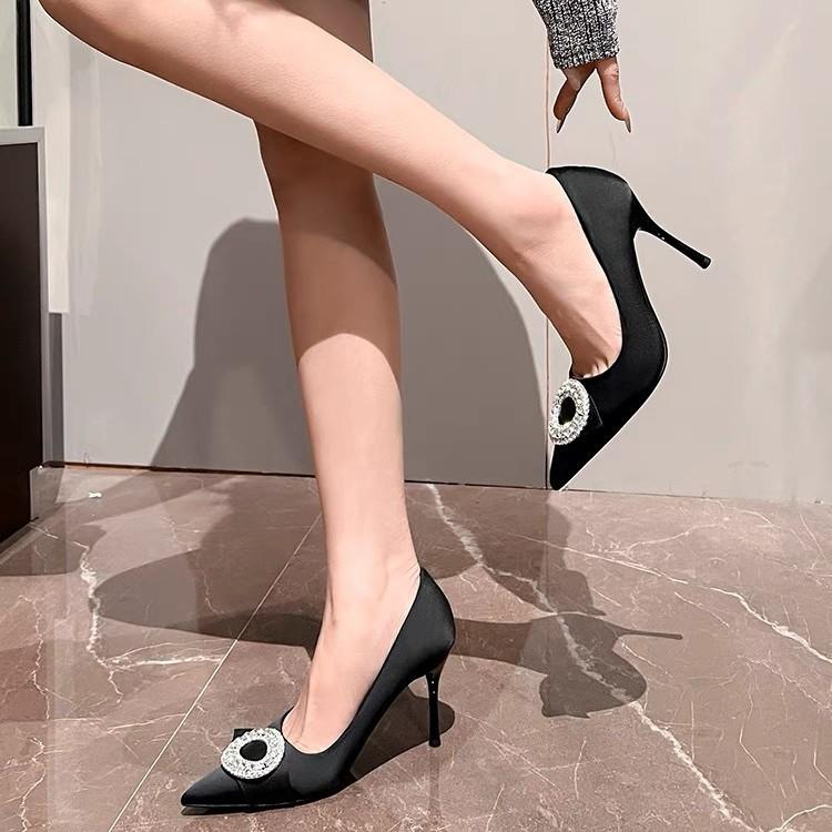 [Spot] Rhinestone high heels stiletto new spring and autumn black professional shoes temperament sexy celebrity pointed single shoes