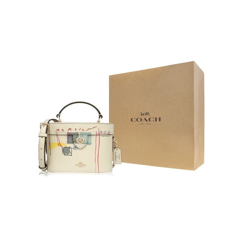 Coach Basquiat Collaboration Kay 20 Graffiti Print Leather Box Bag Women handbags Wheat C5655-IMOQY