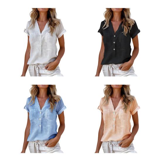 Women Shirt V-Neck Buttons Half Placket Short Sleeve Shirt Tops Solid Color Patch Pockets Loose Fit Summer Casual Shirt