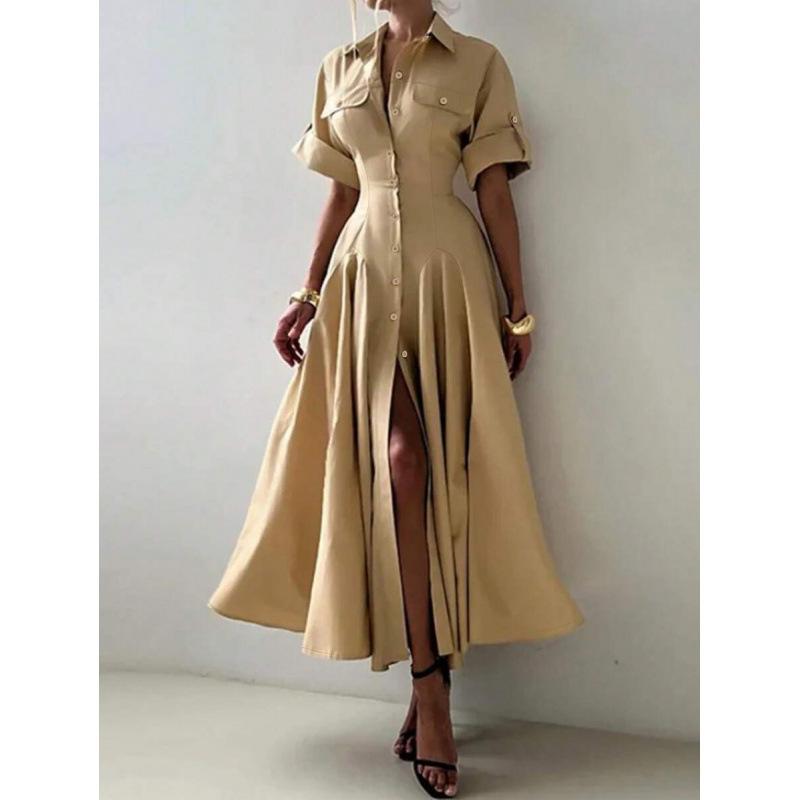 European summer French retro elegant commuter short-sleeved single-breasted POLO collar slim dress XS