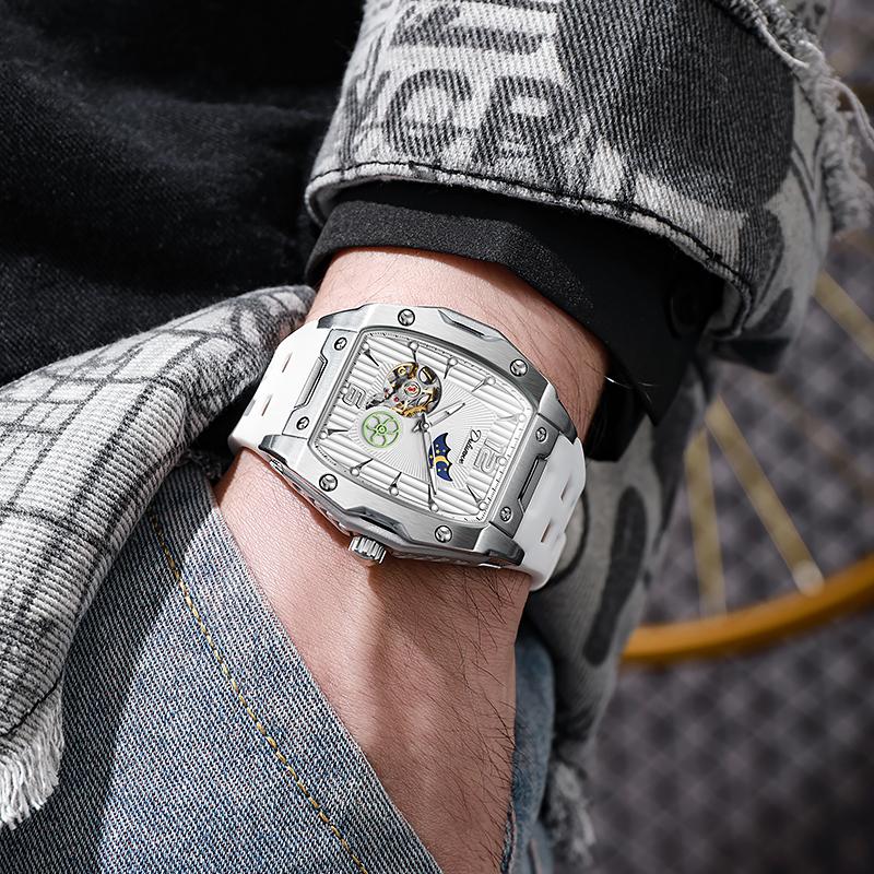 New Design Automatic Mechanical Watch For Man Skeleton Luminous Hands Moon Phase Waterproof Rubber Top Brand Reloj Hombre