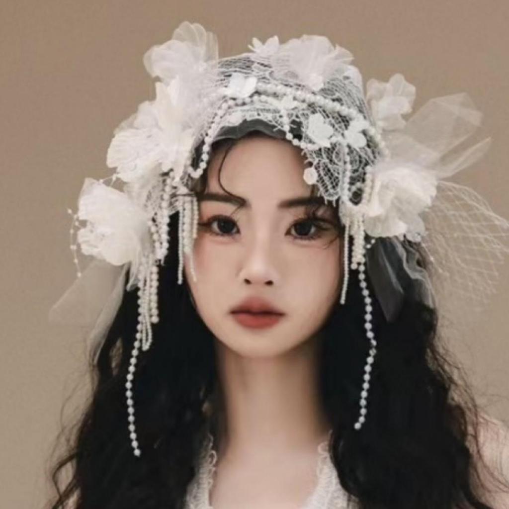 French Lace Floral Beaded Bridal Veil Hat for Photography and Weddings