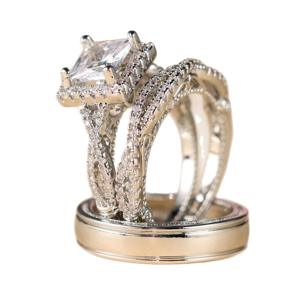 Rose Gold Three Piece Ring Set with Diamonds, Zirconia, Full Diamond, Female Pair Ring, Male Ring