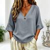 Women's V-Neck Button Down Three-Quarter Sleeve Casual Blouse, Color Loose Fit Top