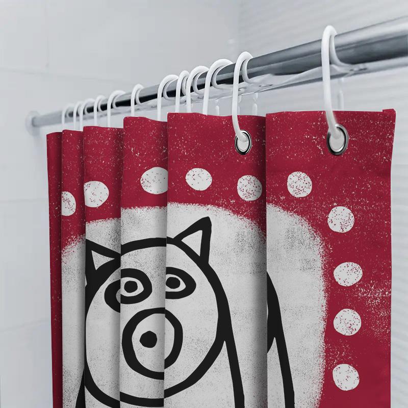 Red Shower Curtain with Polka Dots Dog Design Waterproof and Washable for Bathrooms Decoration