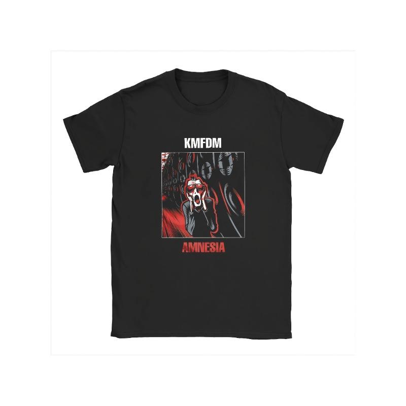 KMFDM Amnesia Muster Unisex T-Shirt Schwarzes kurzärmeliges T-Shirt mit auffälligem rot-weißen Design Freizeitshirt