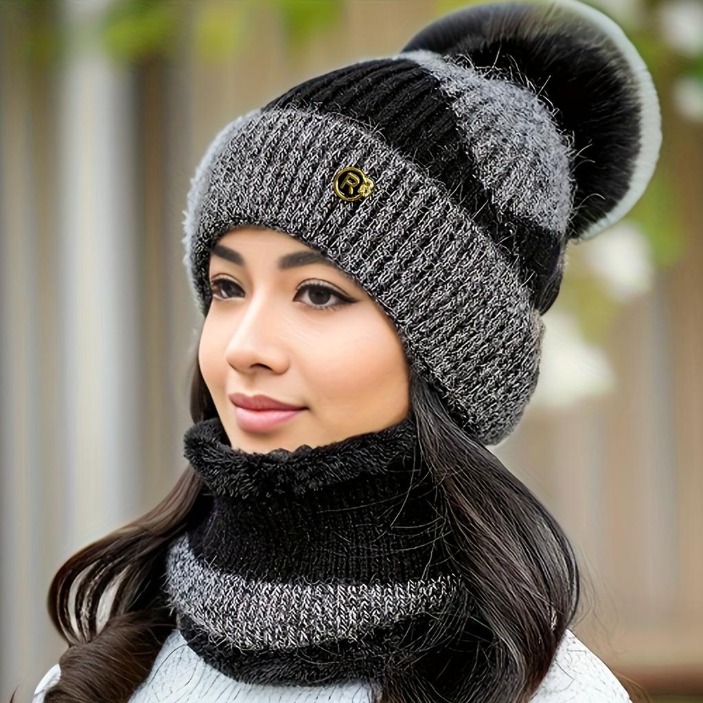 Hat and Scarf Set for Women, Autumn-Winter Warm Fleece Hat, Fashionable Winter Cycling Windproof Cold-Proof Cap
