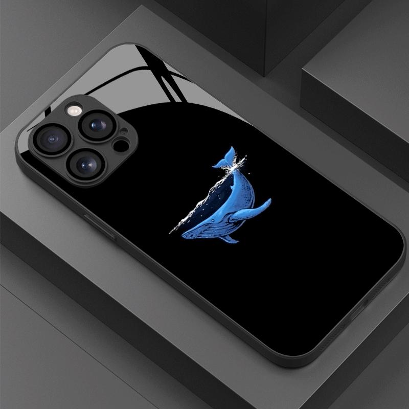 Whale Shadow Pattern Tempered Glass Phone Case Suitable for iPhone 17 16 15 14 13 12 11 Pro/Max/Plus Anti Drop and Anti Shock