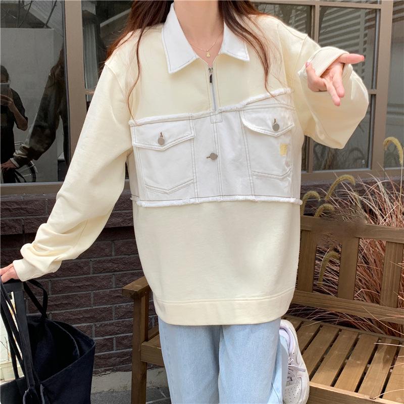 2022 Stylish European & American Street Style Loose Patchwork Denim Polo Hoodie - Women's Fake Two-Piece Top