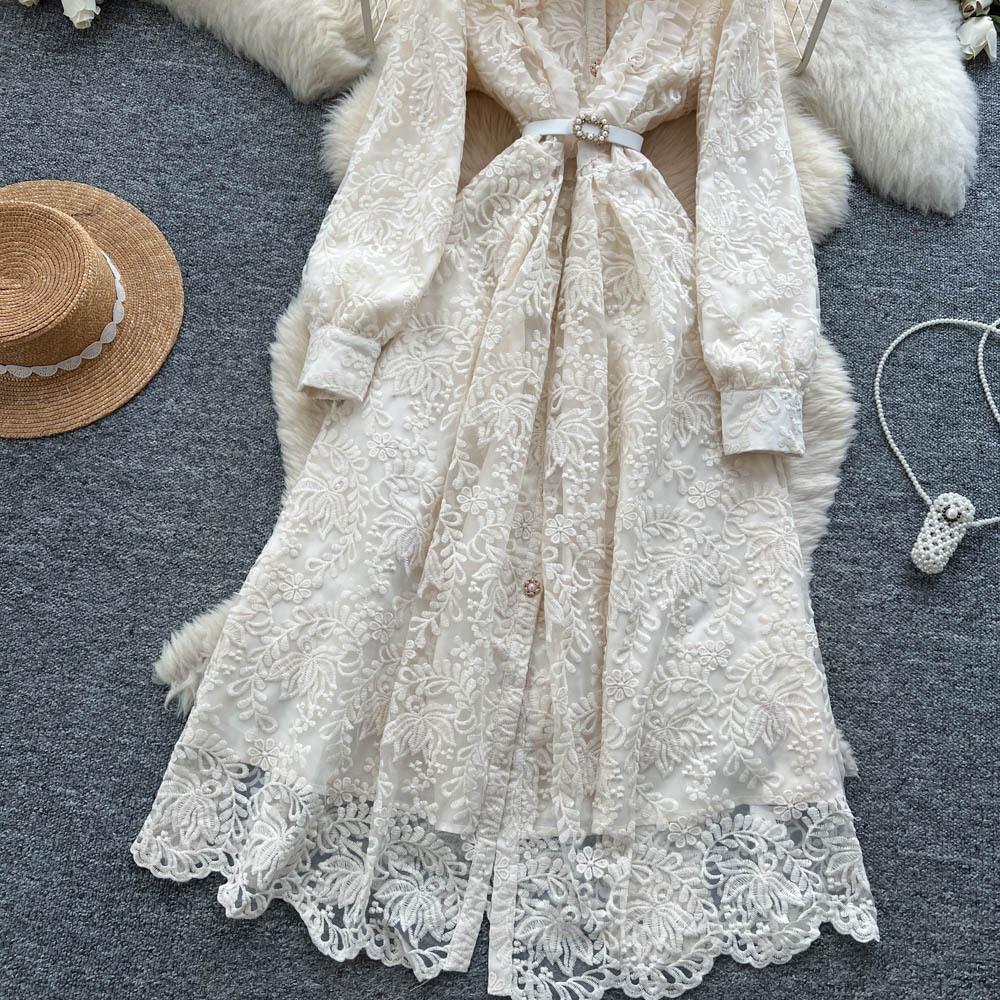 French Temperament Elegant High Sense Heavy Industry Embroidery Mesh Dress Women's Autumn Strap Waist Single Breasted Long Dress