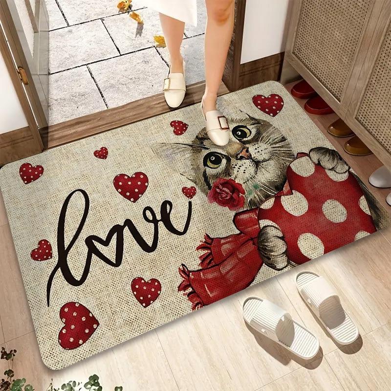 Rose Cat Valentine's Day doormat, easy to clean and durable