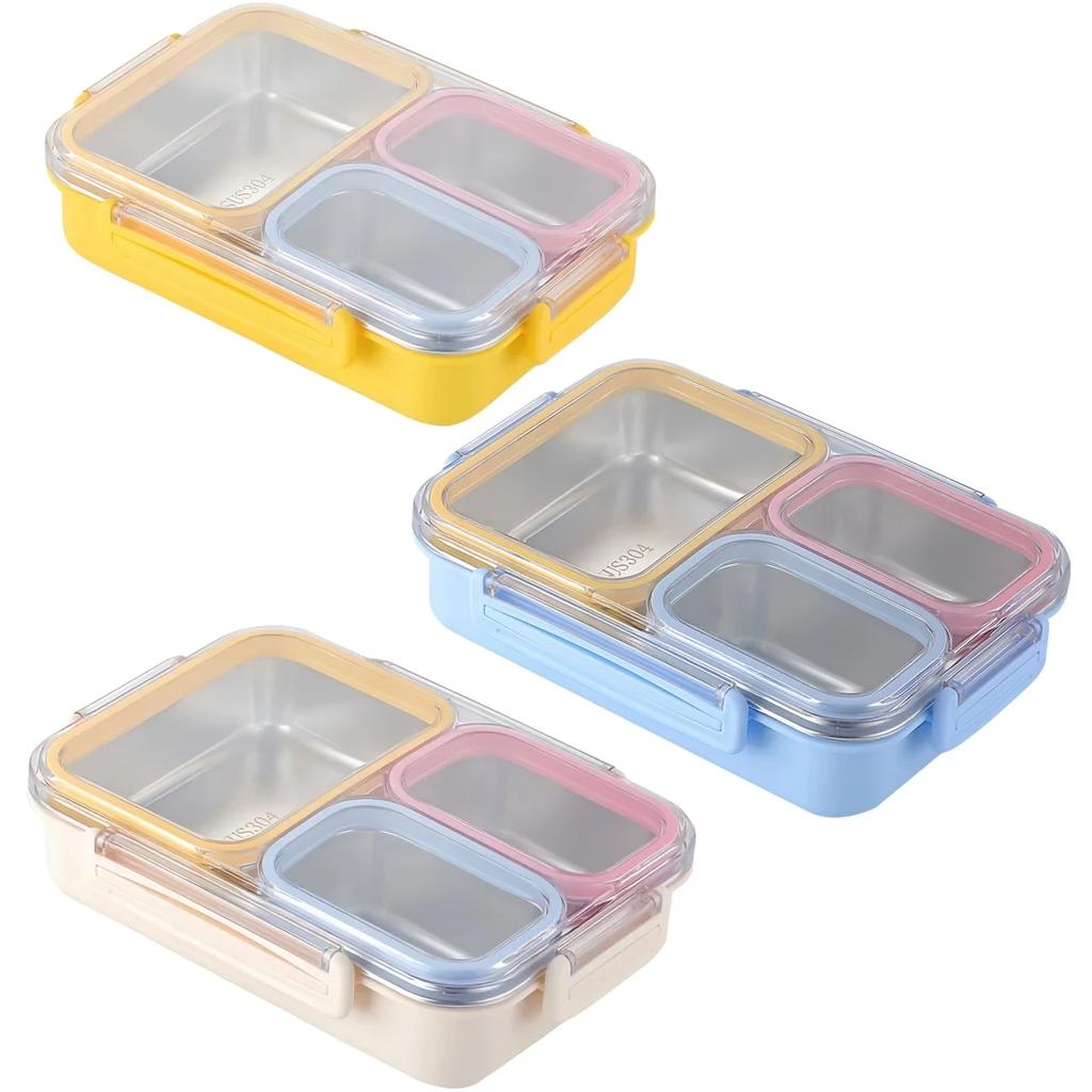 Stainless Steel Lunch Box Kitchen Snack Food Container Lunch Box 24.5x17.5x6cm Three Compartments With Silicone Seals Lids