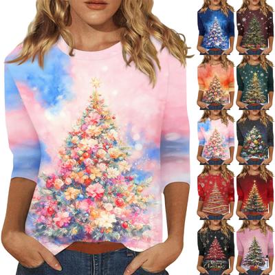 3/4 Sleeve Shirts For Women Print Christmas Tees Blouses Casual Plus Size Basic Tops Pullover