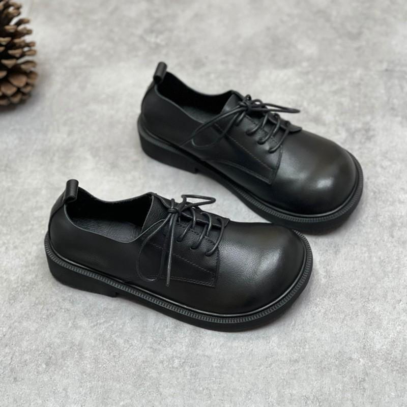 Johnature Damen-Pumps aus echtem Leder, lässig, Retro-Stil, Rindsleder, weiche Sohle, runde Zehen, einfarbige Schnürschuhe