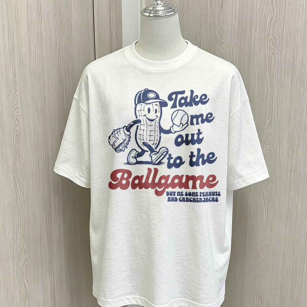 Baseball Graphic T Shirt Take Me Out To The Ballgame Cartoon Peanut Mascot Print Oversized Loose Cotton Short Sleeve Tee